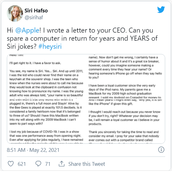 Tweet Woman Named ‘Siri’ Asks Apple CEO For A Macbook For All The Jokes Made On Her Name credityatra